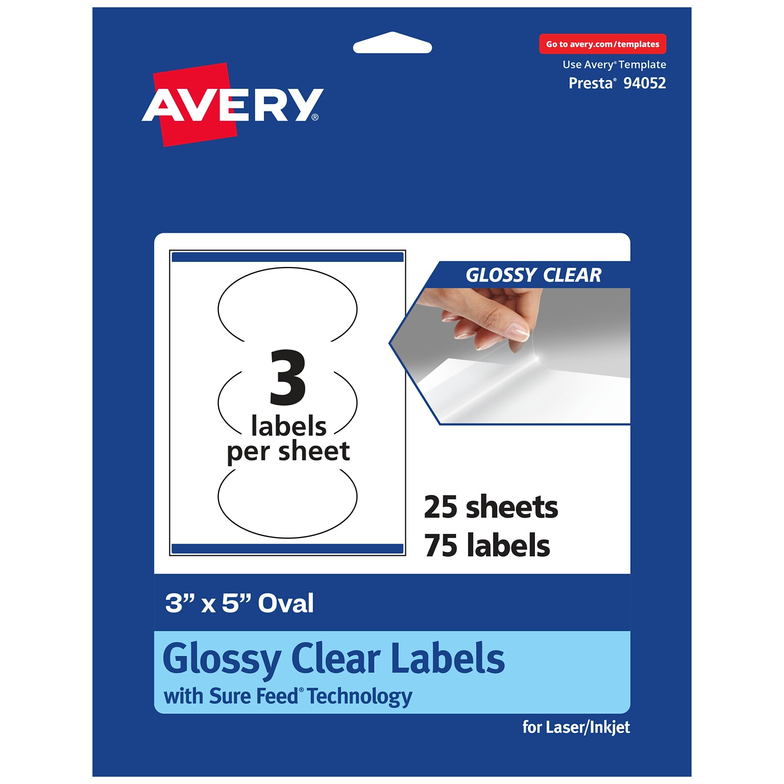 Avery Laser/Inkjet Multipurpose Oval Labels, 5 Dia, Glossy Clear, 75/Pack (94052)