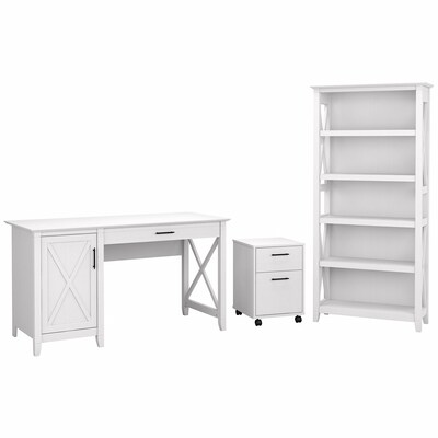 Bush Furniture Key West 54 Computer Desk with 2-Drawer Mobile File Cabinet and 5-Shelf Bookcase, Pure White Oak (KWS007WT)