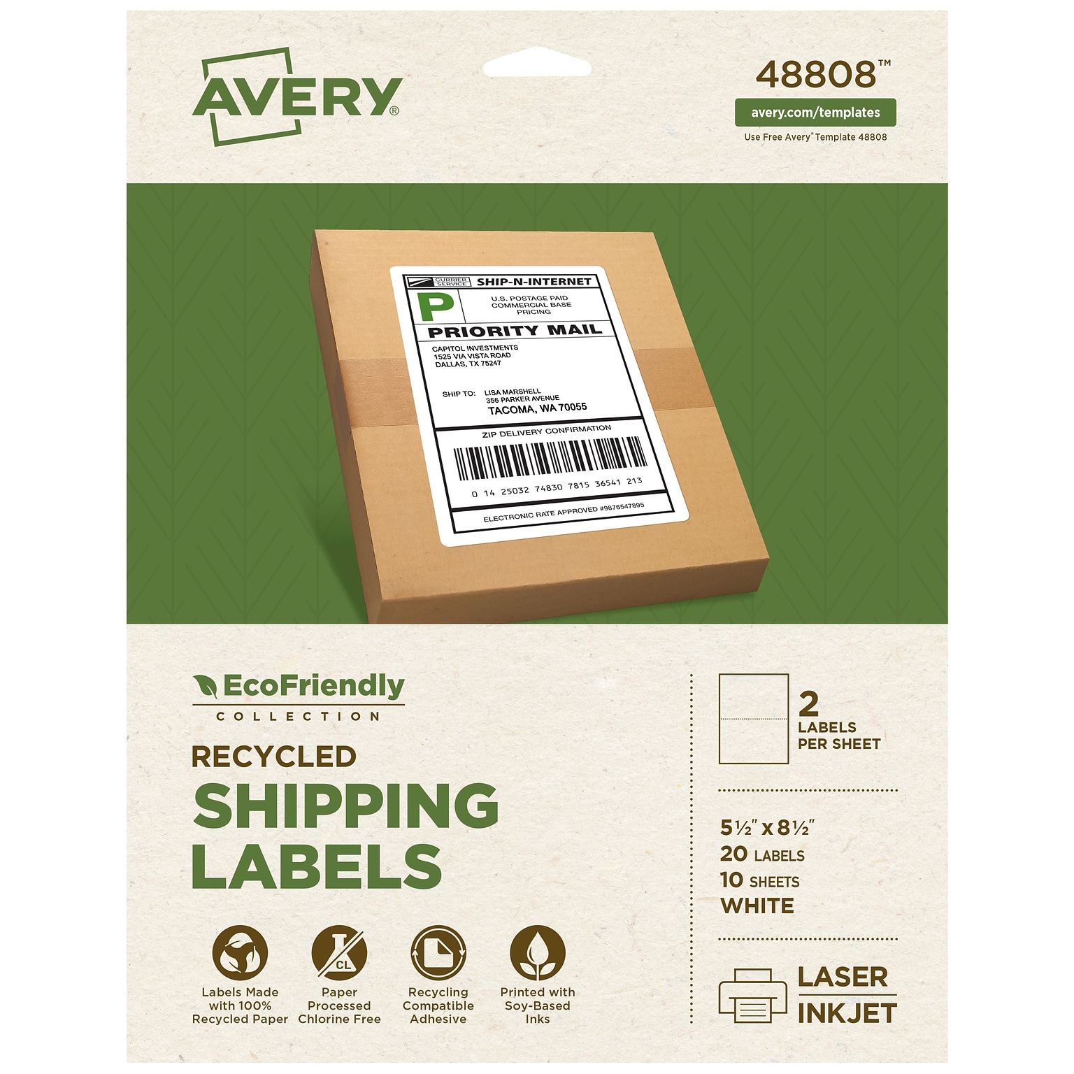 Avery EcoFriendly Shipping Labels, Matte White, 5-1/2 x 8-1/2, Laser/Inkjet, 2 Labels/Sheet, 20 Labels Total (48808)