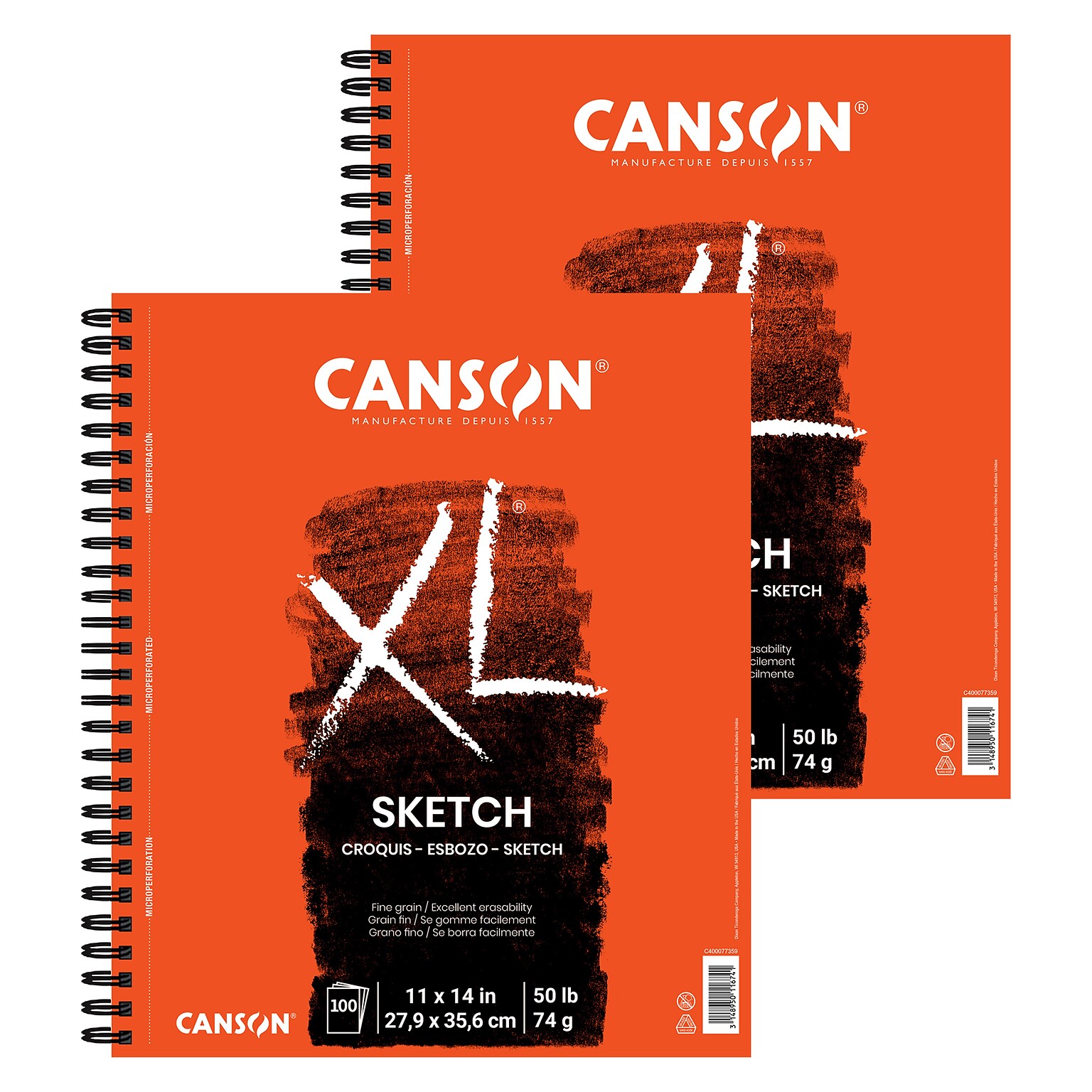 Canson XL Series 11 x 14 Wire Bound Sketch Pad, 100 Sheets/Pad, 2/Bundle (MCXC400077359-2)