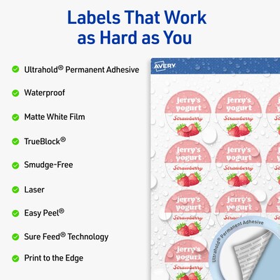 Avery Waterproof Round Laser Multipurpose Labels, 1-2/3 Dia., White, 1000/Box (19479399434)