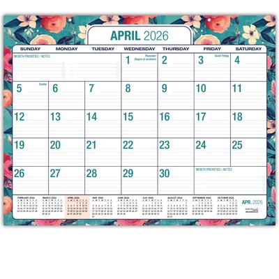 2026-2027 Excello Brands Large Print  22 x 17 Academic Monthly Desk Pad Calendar, Teal Floral (NAY27-2217DP-17)