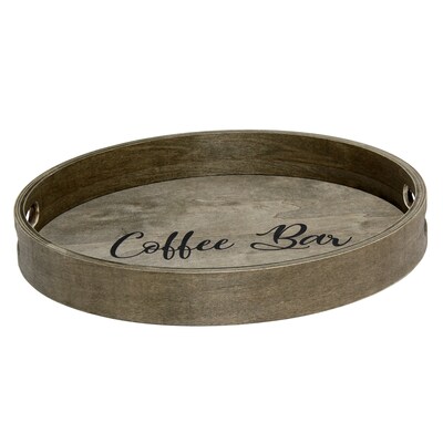 Elegant Designs "Coffee Bar" Decorative 13.75" Round Wood Serving Tray w/ Handles, Rustic Gray Wash (HG2013-RGC)
