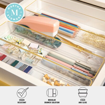 Martha Stewart Kerry Plastic Stackable Office Desk Drawer Organizer, Clear/Gold, 8/Set (BEPB9050G8CGD)