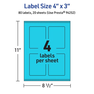 Avery Laser/Inkjet Multipurpose Rectangle Labels, 4" x 3", Bright Blue, 80/Pack (94252)
