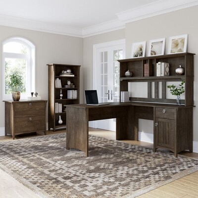 Bush Furniture Salinas 60 L-Shaped Desk with Hutch, Lateral File Cabinet and 5-Shelf Bookcase, Ash