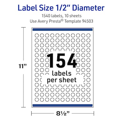 Avery Round Laser Multipurpose Labels, 0.5" Dia., White, 1540/Pack (19479399412)