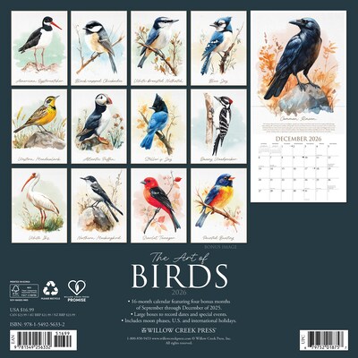 2026 Willow Creek The Art of Birds 12 x 12 Monthly Wall Calendar (56332X)