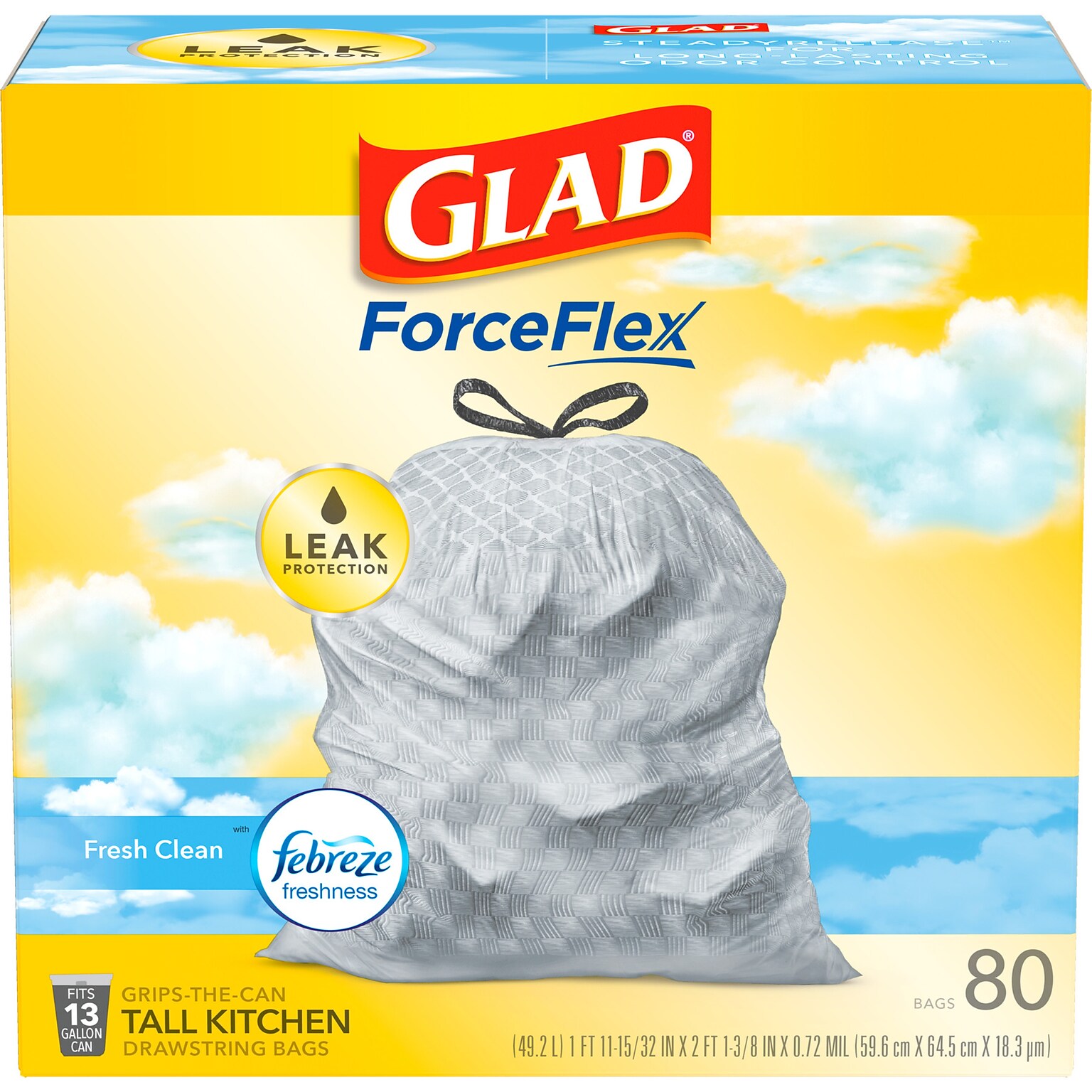 Glad ForceFlex Tall Kitchen Drawstring Trash Bags, 13 Gal., Fresh Clean Scent with Febreze Freshness, 80/Box (78899)