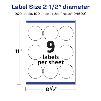 Avery Laser/Inkjet Round Multipurpose Labels, 2.5" Dia., White, 900 Labels/Box  (94502)