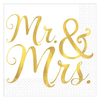 Party City Mr. & Mrs. Beverage Napkin, 2-Ply, White/Gold, 16 Napkins/Pack (AM500033)