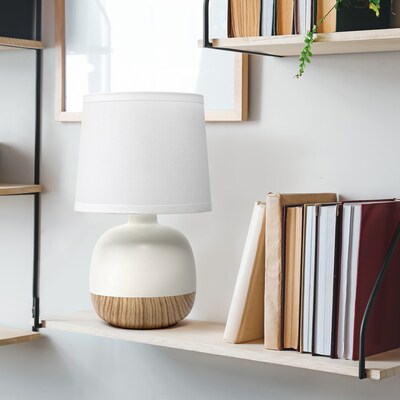 Simple Designs Petite Mid Century Table Lamp, Light Wood and White (LT2078-LWW)