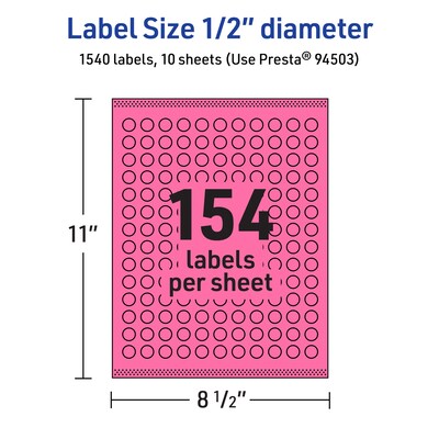 Avery Laser/Inkjet Round Multipurpose Labels, 0.5" Dia., Bright Pink, 1540/Pack (94503)
