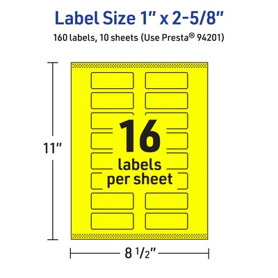 Avery Rectangle Multipurpose Labels, 1" x 2-5/8", Neon Yellow, 160/Pack (94201)