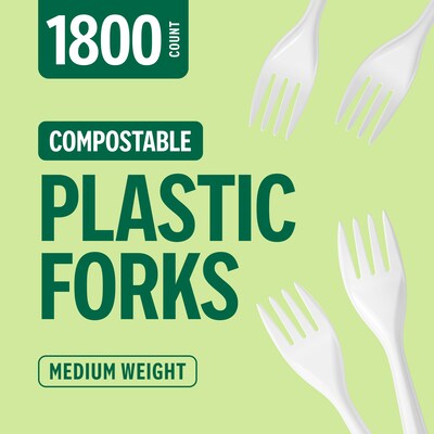 Perk™ Eco Compostable PLA Fork, Medium-Weight, White, 1800/Carton (PK56201CT)