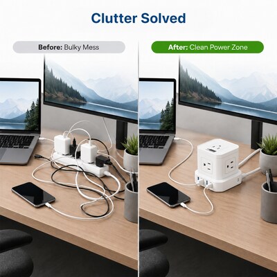 Uncaged Ergonomics Cube 5-Outlet 4-USB Port Surge Protector, 10', White (PC-W-C)