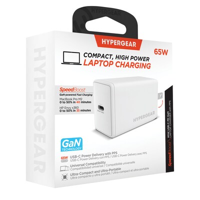 HyperGear SpeedBoost 65W USB-C PD GaN Laptop Wall Charger with PPS, White (15876)