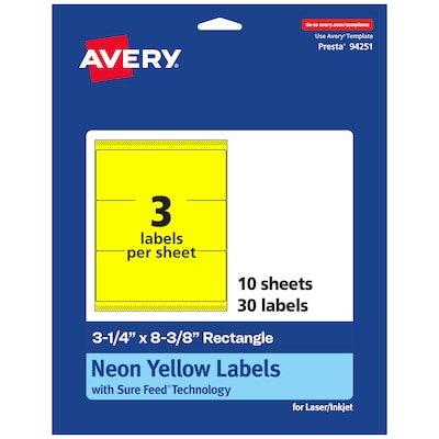 Avery Rectangle Laser/Inkjet Multipurpose Labels, 3-1/4 x 8-3/8, Neon Yellow (30/Pack)