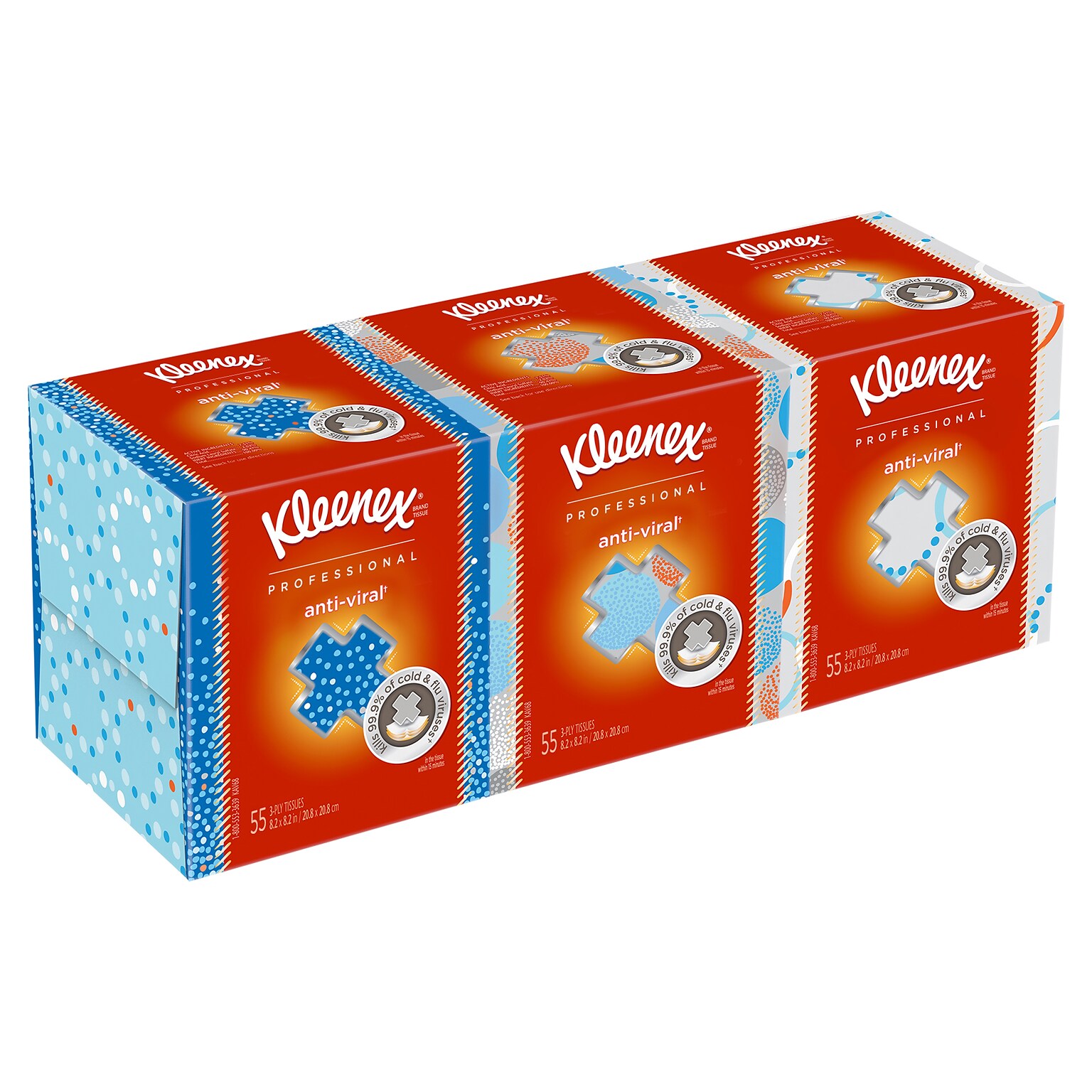 Kleenex Professional Anti-viral Facial Tissue, 3-ply, White, 55 Tissues/Box, 3 Boxes/Pack (21286)