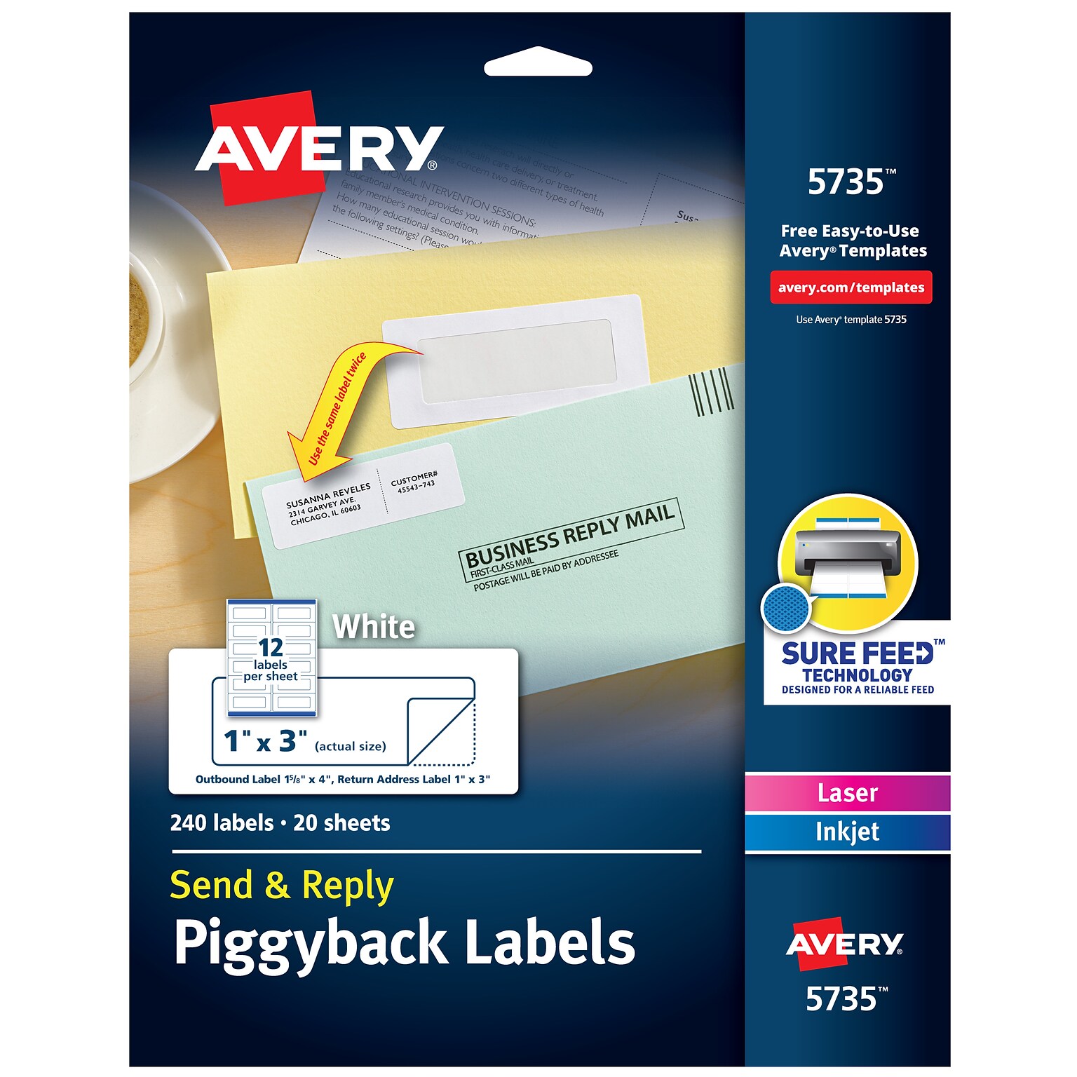 Avery Send & Reply Piggyback Laser/Inkjet Mailing Labels, 1-5/8 x 4 Outer, 1 x 3 Inner, 240 Labels/Pack (5735)