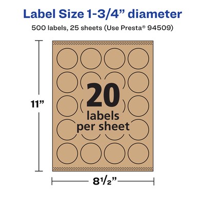 Avery Laser/Inkjet Multipurpose Circle Labels, 1.75" Dia, Kraft Brown, 500/Pack (94509)
