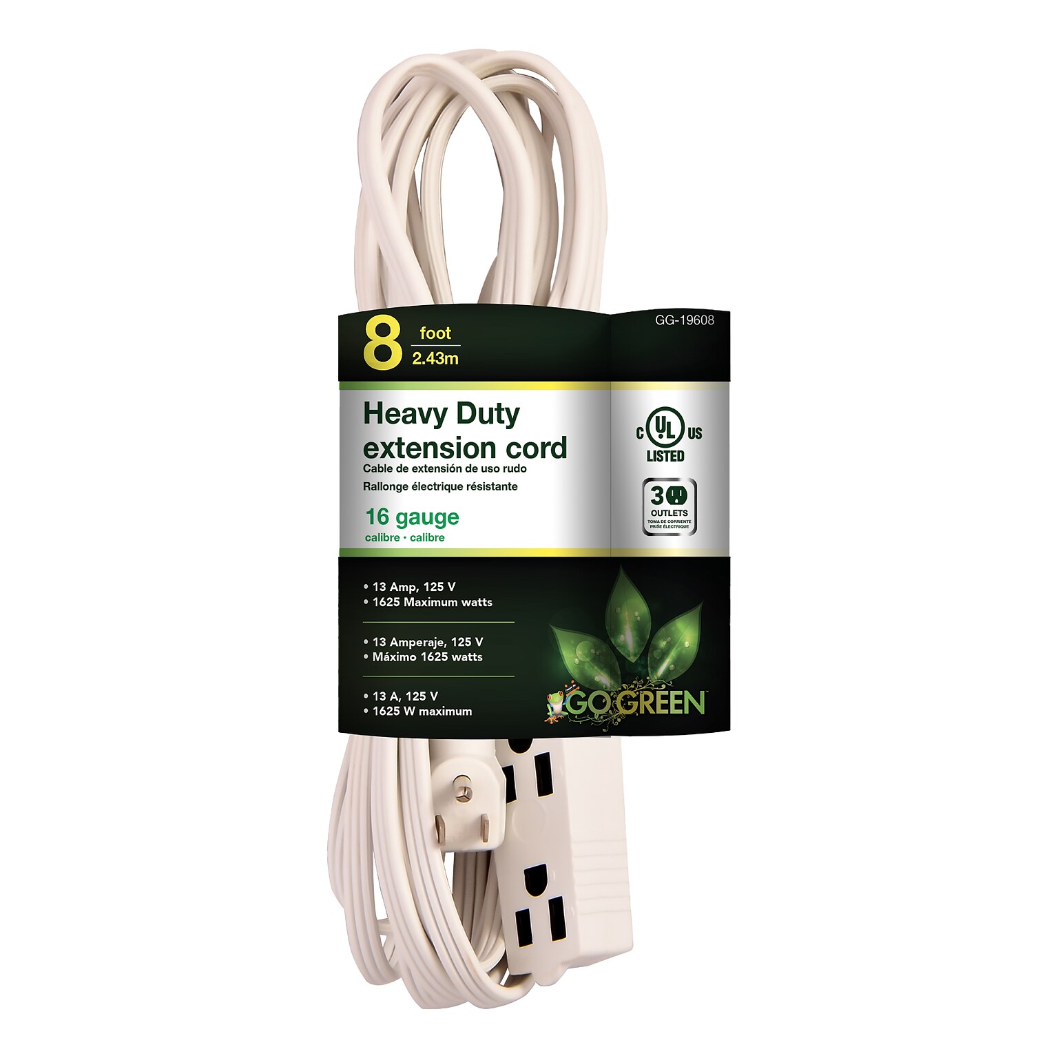GoGreen Power 8 Extension Cord, 3-Outlet, 16 AWG, White (GG-19608)