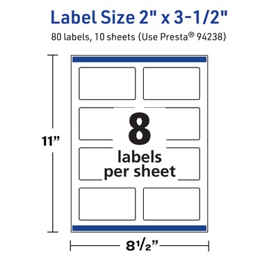 Avery TrueBlock Laser/Inkjet Multipurpose Rectangle Labels, 2" x 3.5", White, 80 Labels/Pack (94238)