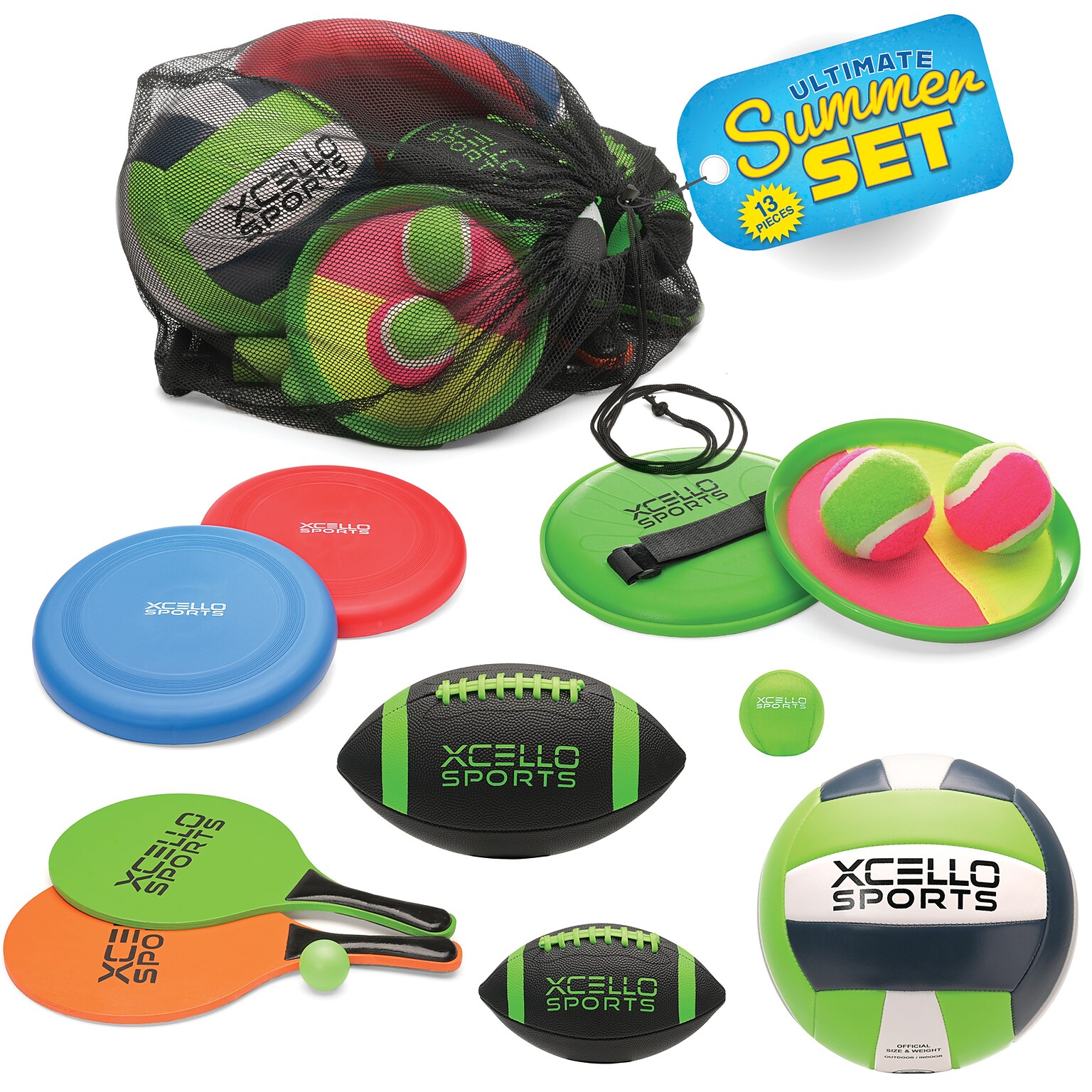 Xcello Sports Summer Set w/ Toss + Catch, Paddle Ball, Volleyball, Frisbee, Junior and Mini Football, Water Ball, Bag and Pump