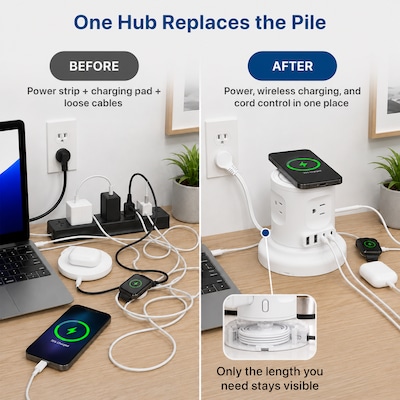 Uncaged Ergonomics USB-C Wireless 6 ft. Retractable Power Strip with 15W Wireless Charger, 4-Outlet, White (WRPS-2-White)