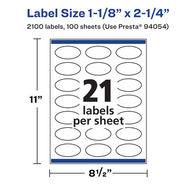 Avery Laser/Inkjet Oval  Multipurpose Labels, 2.25"  Dia, Matte White, 2100/Box (94054)