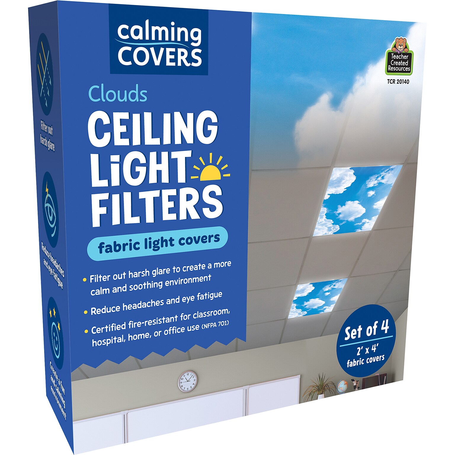 Teacher Created Resources Calming Covers Ceiling Light Filters, 2 x 4, Clouds, 4/Pack (TCR20140)