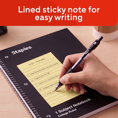 Staples Sticky Notes, 4" x 6", Lined, Yellow, 1200 Sheets – Large Ruled Notes for Planning, Projects & Office Use