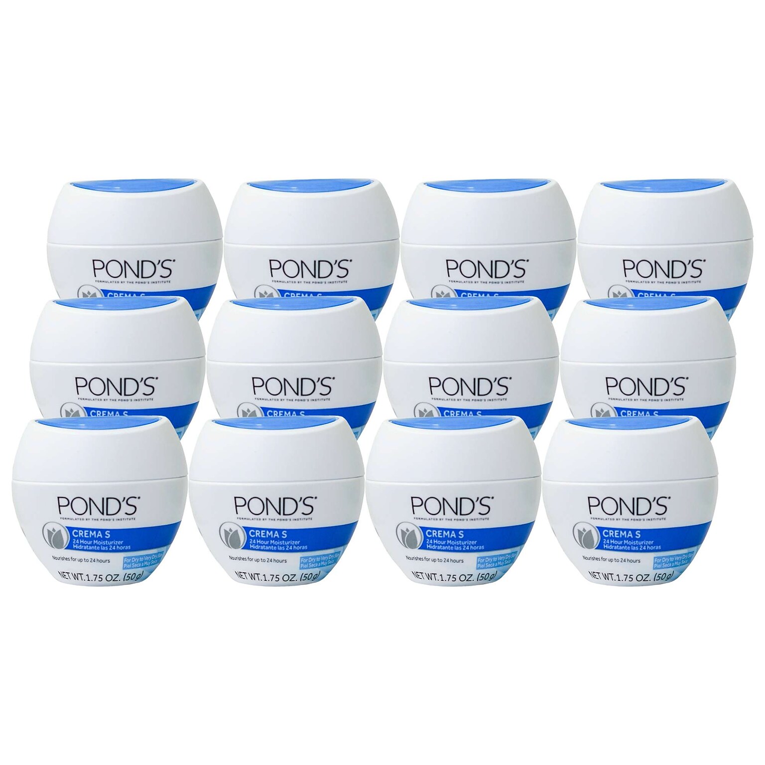 Ponds Crema S 24 Hour Hydrating Skin Cream, 1.7 oz Travel Size Bottle, 12 Bottles/Bag, 12 Bags/Carton