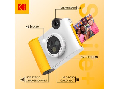 Kodak Smile+ 5 Megapixels Digital Instant Print Camera, White/Yellow (RODSMPCAMW)