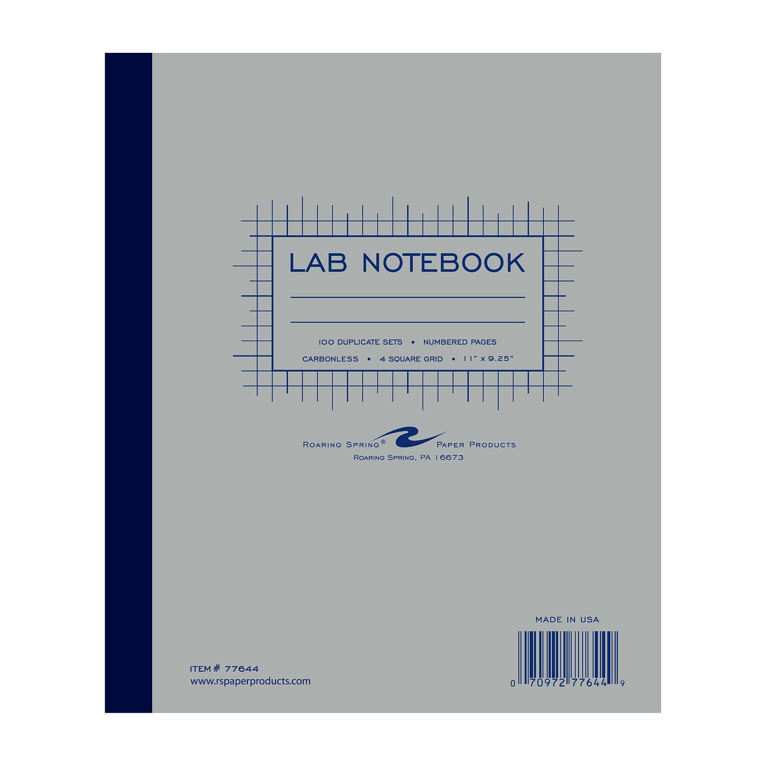 Roaring Spring Duplicate Lab Book, 9.25 x 11, 100 Numbered White/Blue Carbonless Paper, 4x4 Grid, 5/Case(77644CS)