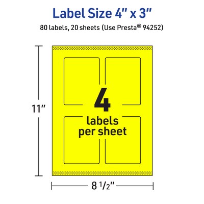 Avery Laser/Inkjet Rectangle Multipurpose Labels, 4" x 3", Neon Yellow, 80/Pack (94252)
