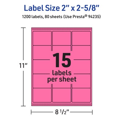 Avery Laser/Inkjet Rectangle Multipurpose Labels, 2" x 2-5/8", Bright Pink, 1200/Box (94235)