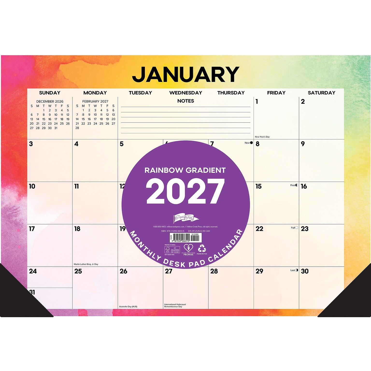 2027 Willow Creek Rainbow Gradient 17 x 12 Monthly Desk Pad Calendar, Assorted Colors (66515)