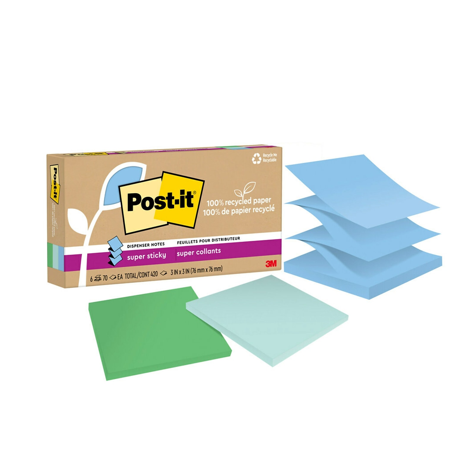Post-it Recycled Super Sticky Pop-up Notes, 3 x 3, Oasis Collection, 70 Sheet/Pad, 6 Pads/Pack (R330R-6SST)
