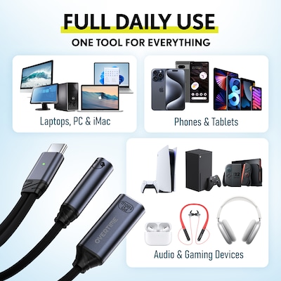 Overtime USB-C to USB-C & 3.5mm Audio and 100W Charging Splitter Adapter, Black (OADCTC35BK)