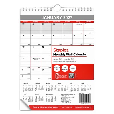2027 Staples 8 x 11 Monthly Wall Calendar, White/Red/Gray (ST53922-27)