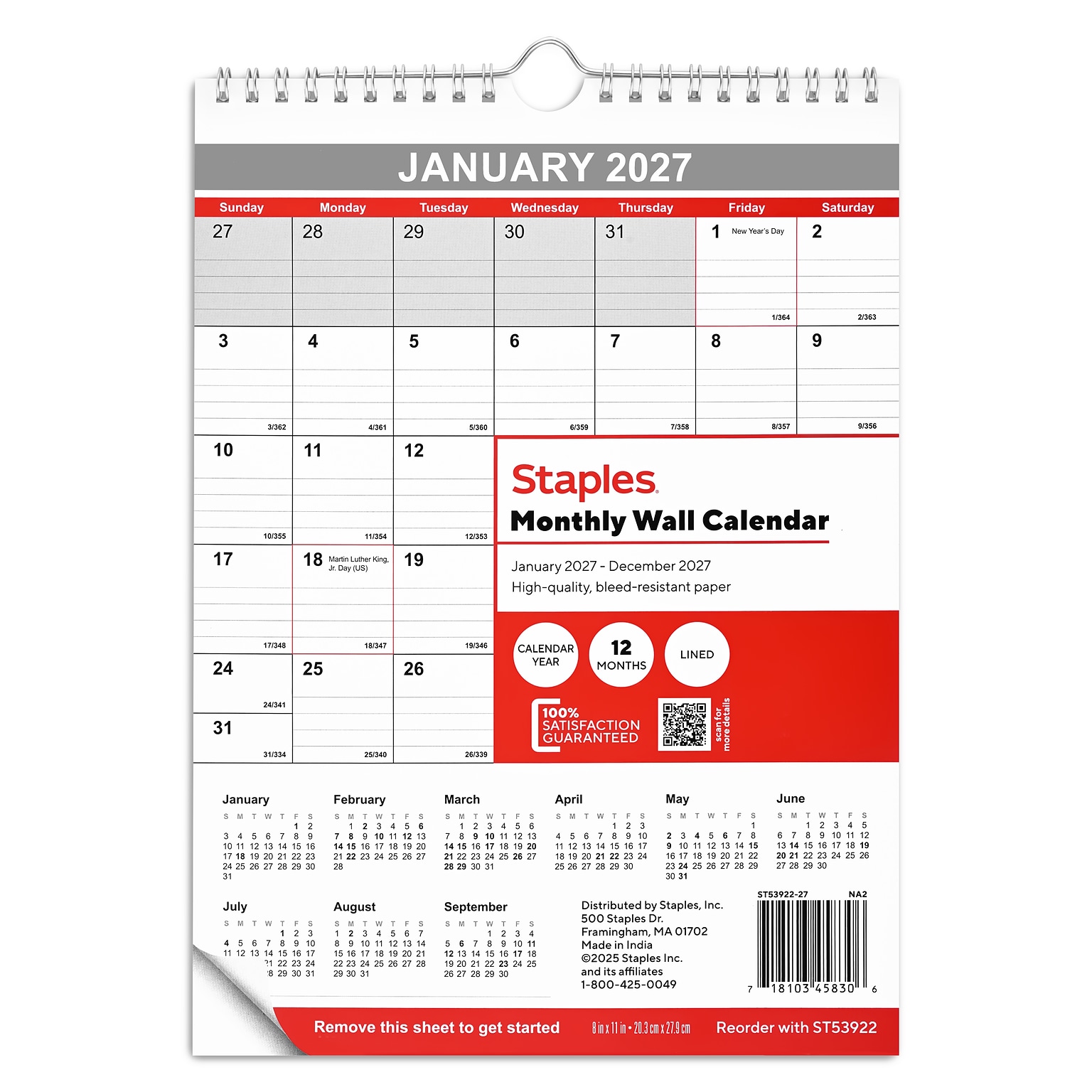 2027 Staples 8 x 11 Monthly Wall Calendar, White/Red/Gray (ST53922-27)