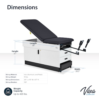 Viva Comfort Slimline Exam Table Base with Leg Rest, Step Stool, Drawers, Stirrups, 420 lb Capacity, Black (ADI996-FBSU-M2-BLK)
