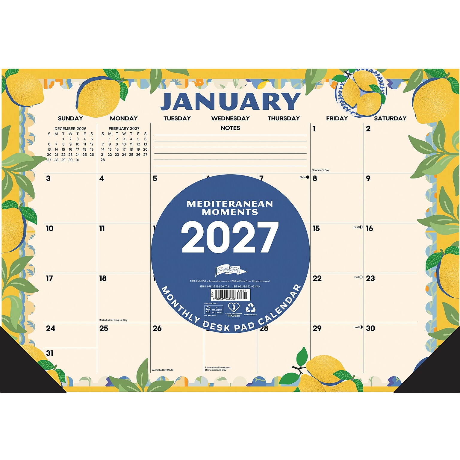 2027 Willow Creek Mediterranean Moments 17 x 12 Monthly Desk Pad Calendar, Assorted Colors (66478)