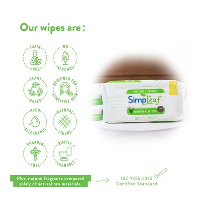 Simpleaf Aloe Vera Scented Flushable Wipes, 50 Single Wipes/Pack, 12 Packs/Box (S-009-12pack)