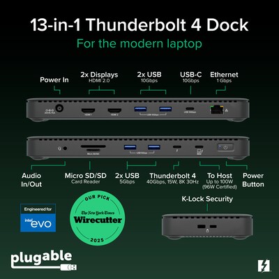 Plugable Thunderbolt 4 Dock Dual Monitor Laptop Docking Station, 100W (TBT4-UD5)
