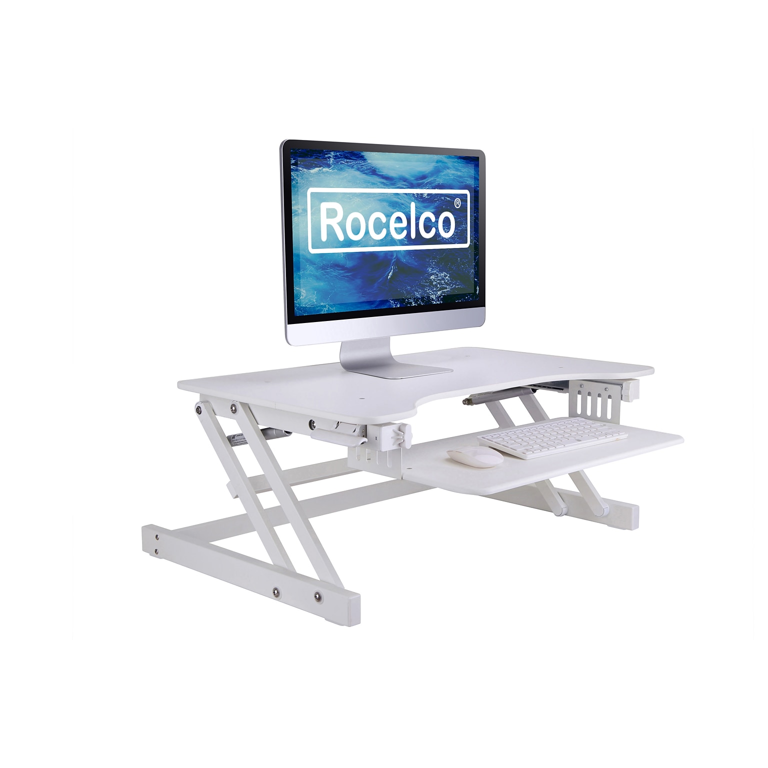 Rocelco 32 Height Adjustable Standing Desk Converter, Sit Stand Up Retractable Keyboard Riser, White (R ADRW)