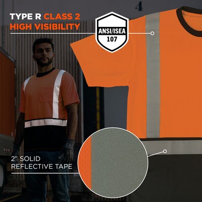 GloWear 8286BK High Visibility Short Sleeve Black Bottom T-Shirt, ANSI Type R Class 2, Orange, Large (22194)