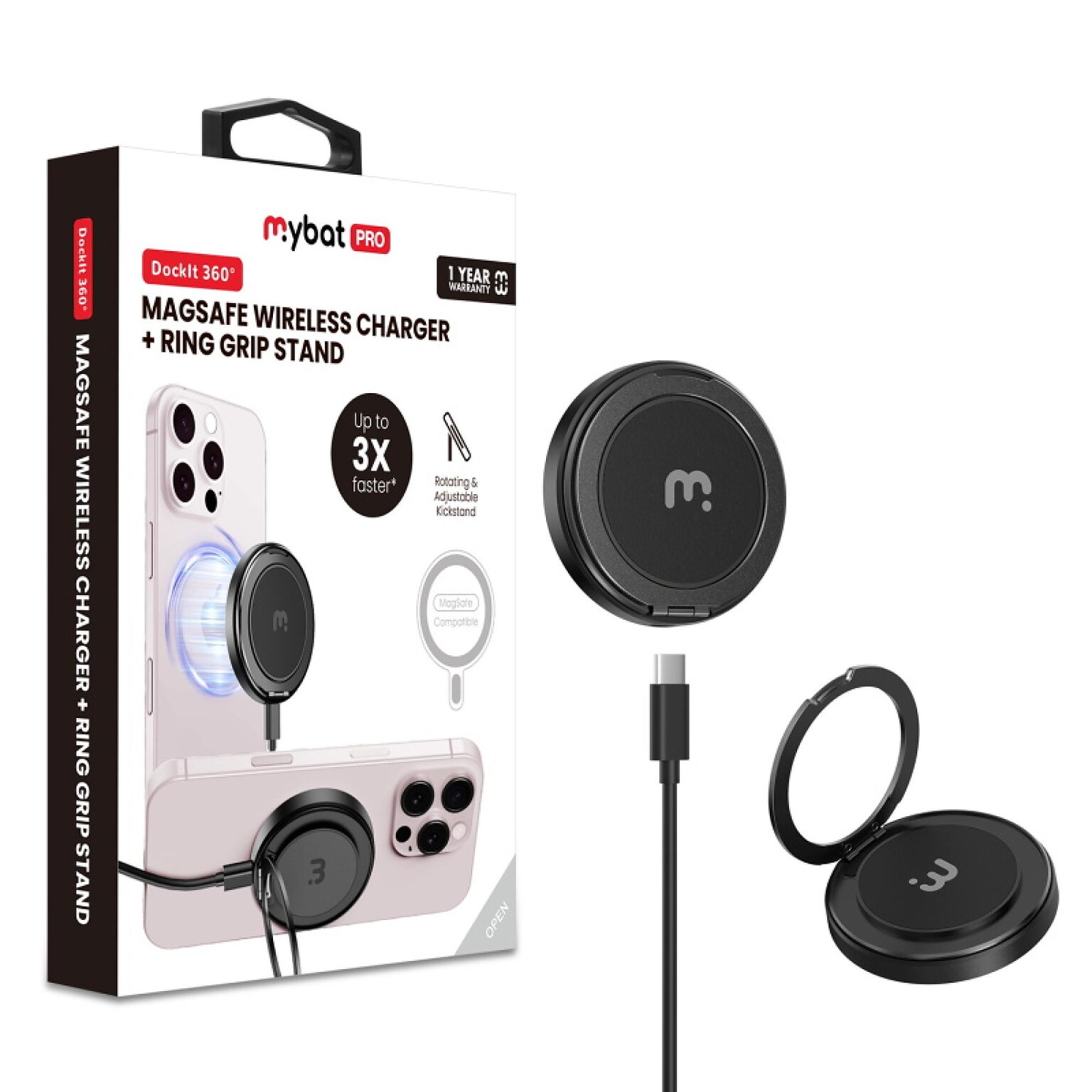 MYBat 360° Wireless Charger 15W Fast Charging Meets 360° Stand & Grip