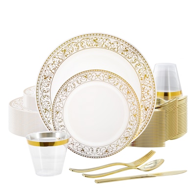Round Elama Plastic Dinnerware Set, White/Gold, 150 Piece (935123350M)